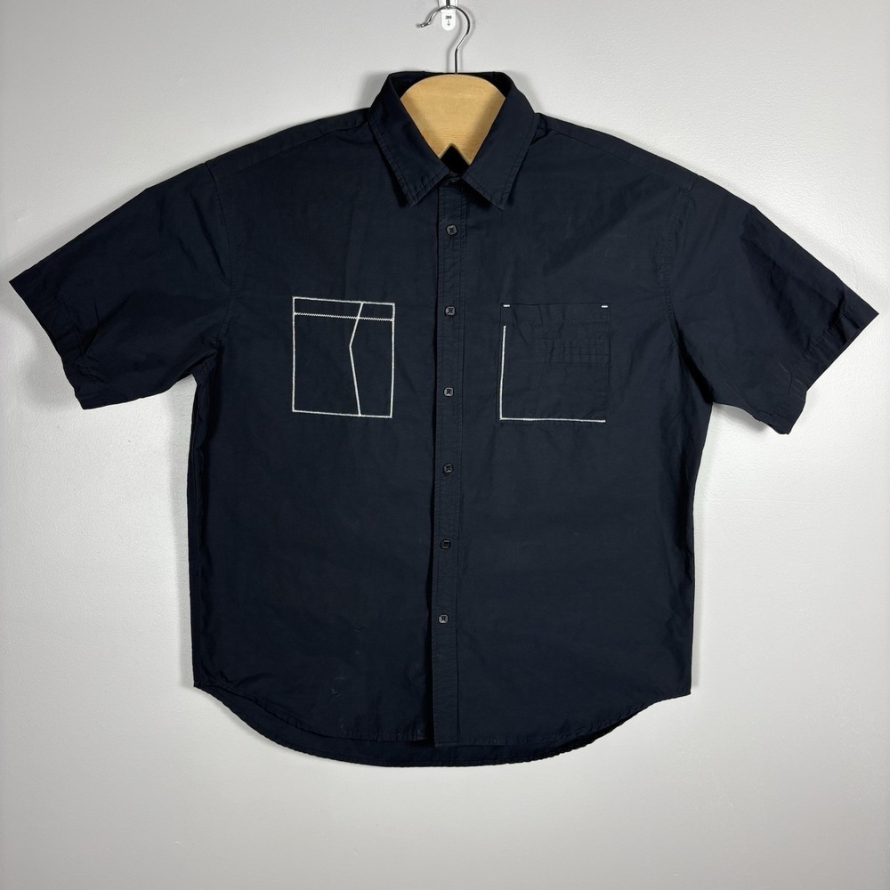 Unbranded XL Black Button Front White Contrast Pocket Stitch Short Sleeve Shirt